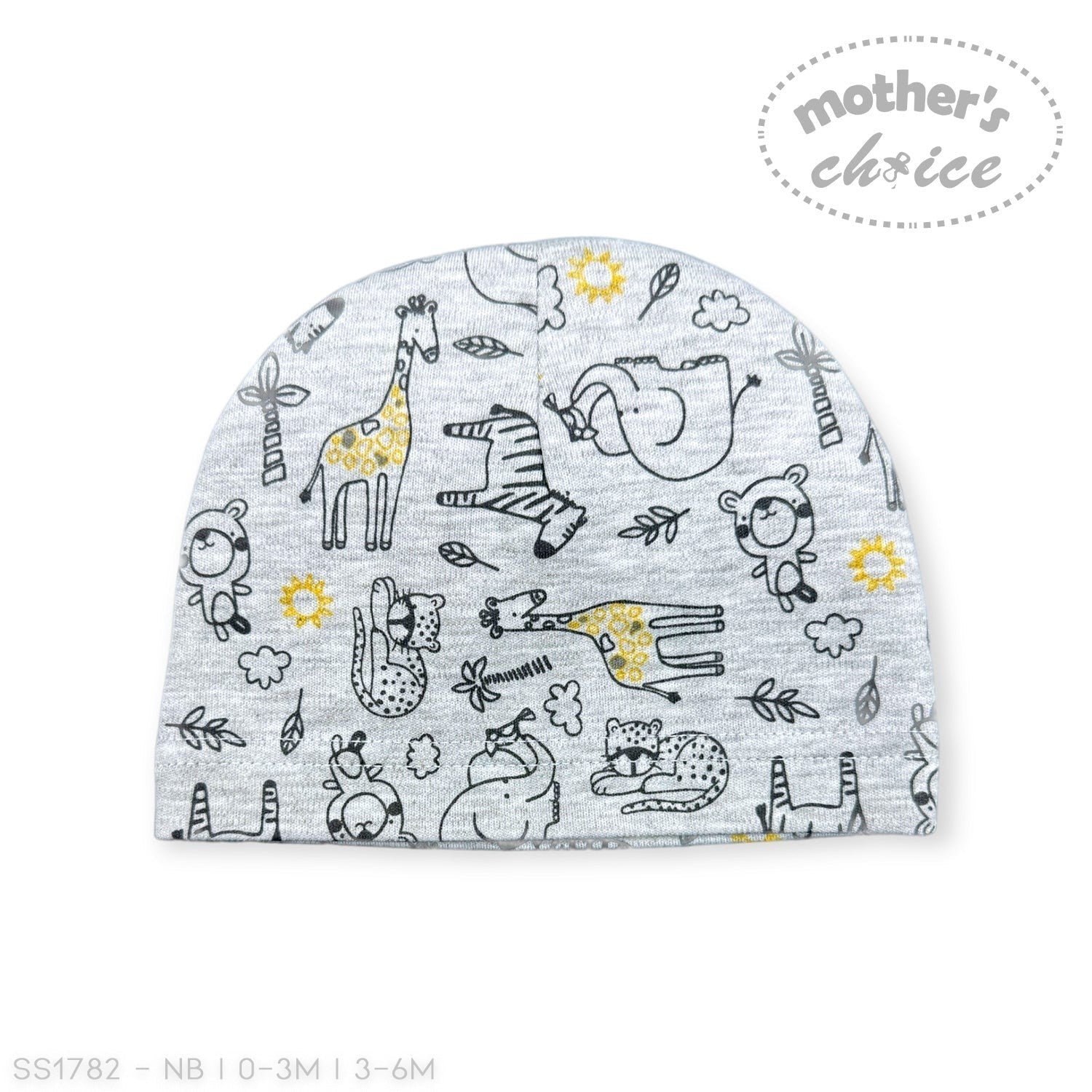 Baby hat with animal pattern on a white background, featuring 'Mother's Choice' branding.