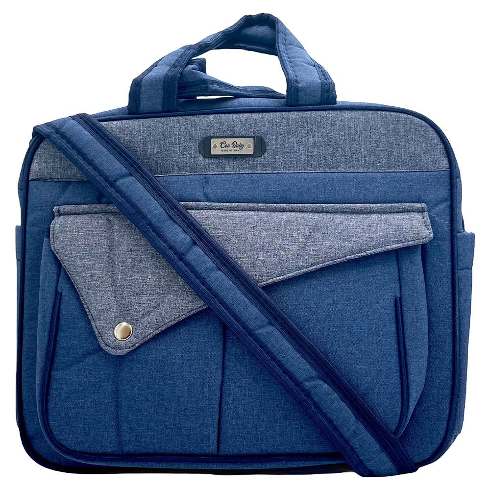 Blue laptop bag with shoulder strap on a white background