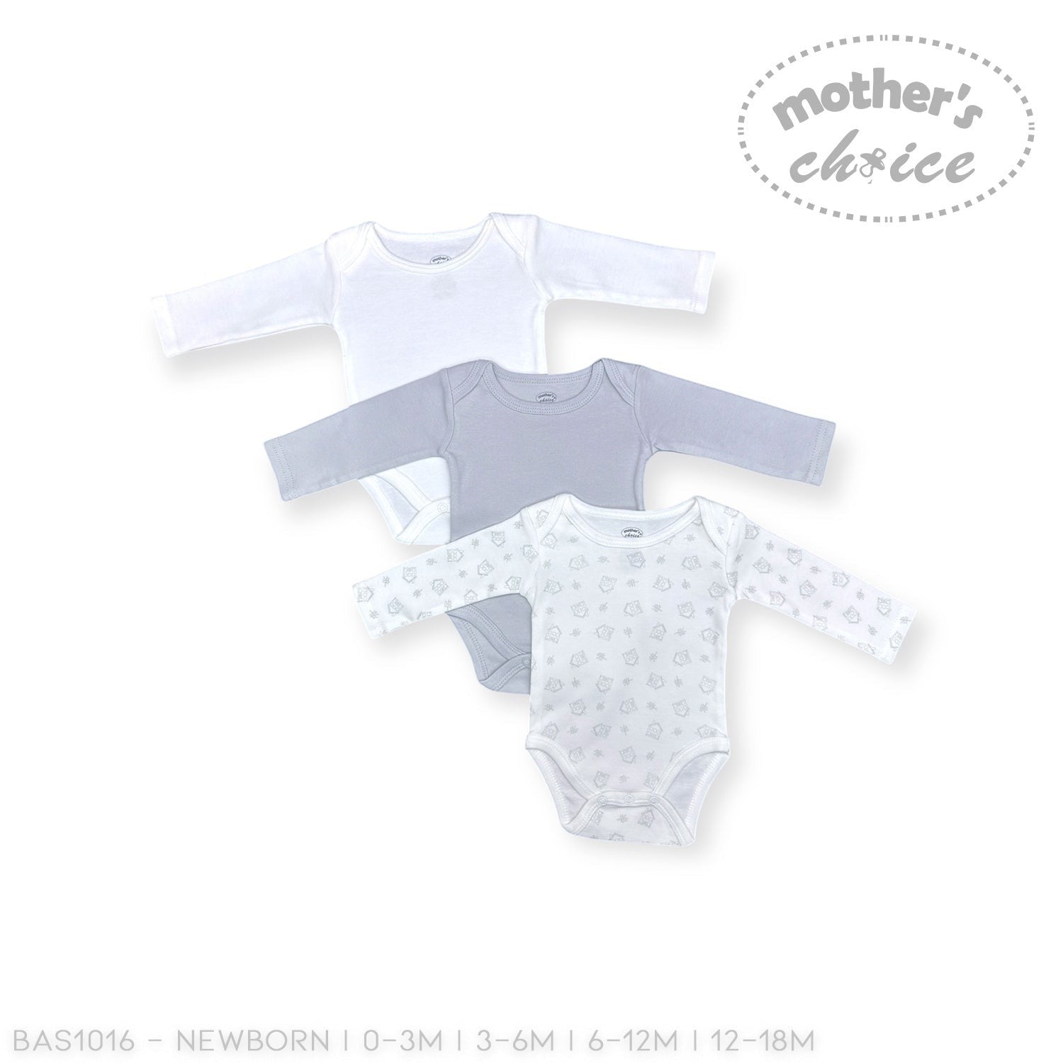 Three baby bodysuits in white, gray, and patterned design on a white background with 'Mother's Choice' branding.