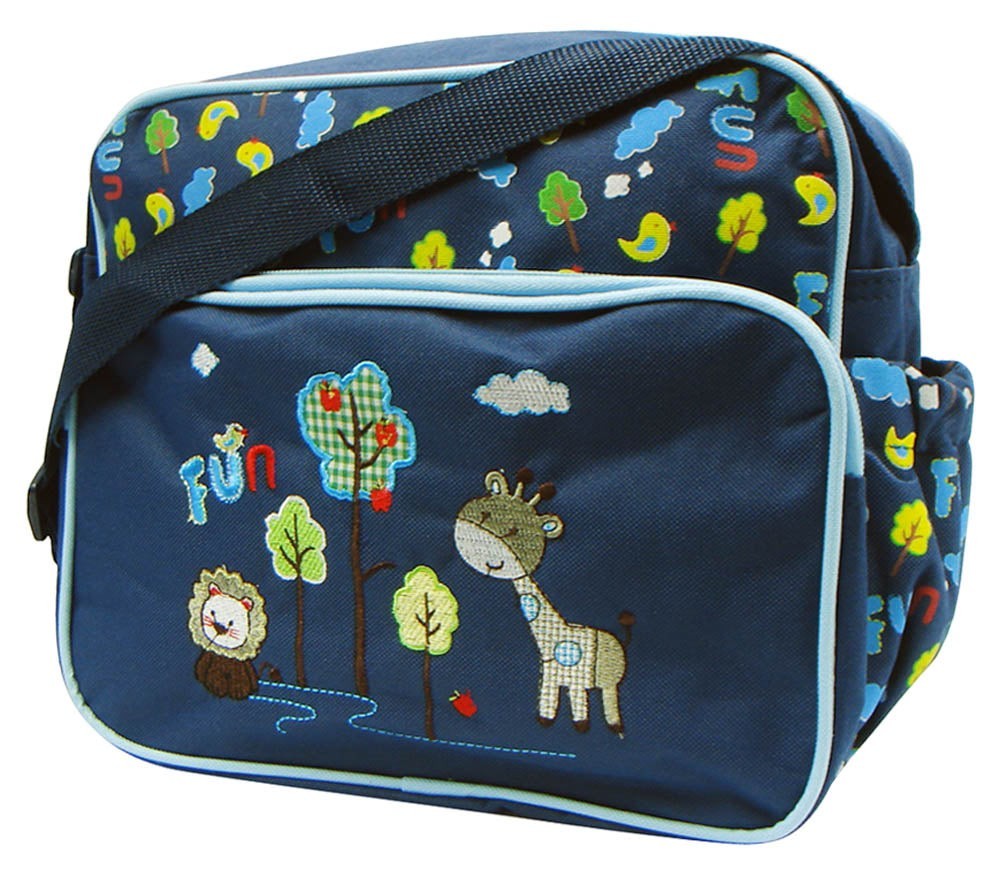 Children's bag with animal designs and 'fun' text on a blue background