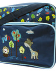 Children's bag with animal designs and 'fun' text on a blue background