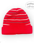 Red and white striped beanie on a white background with 'mother's choice' branding.