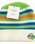 Striped beanie with a toy truck design and tag on a white background