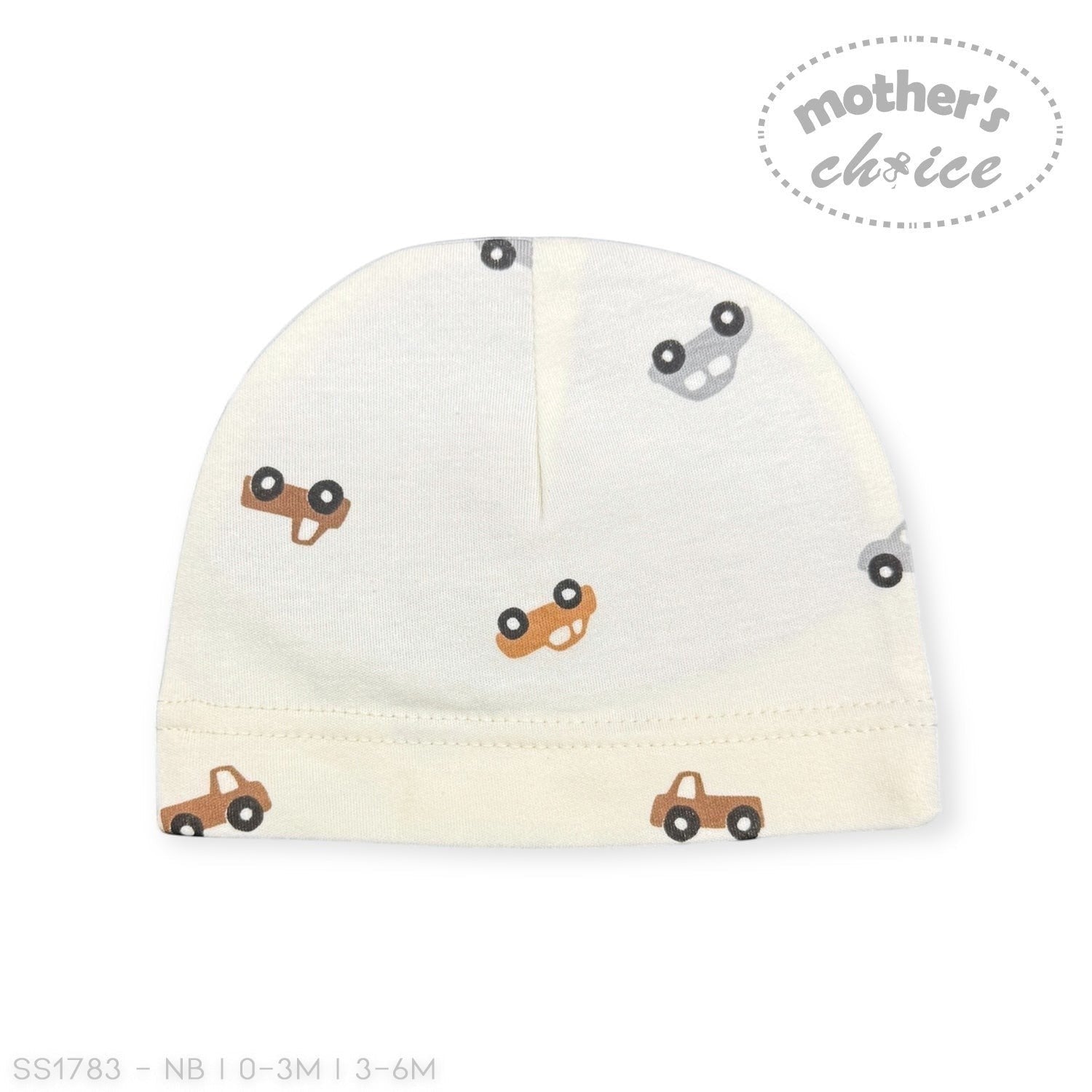 Baby hat with car pattern on a white background, branded 'Mother's Choice'.