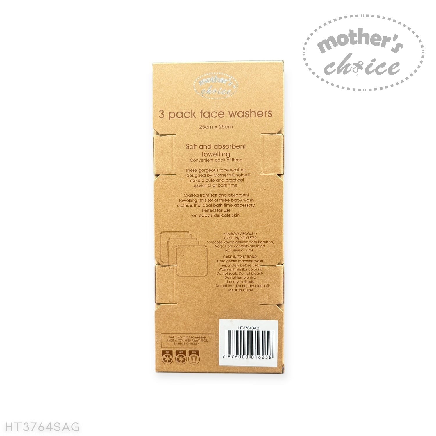 Cardboard packaging for 3-pack face washers with 'Mother's Choice' branding on a white background.