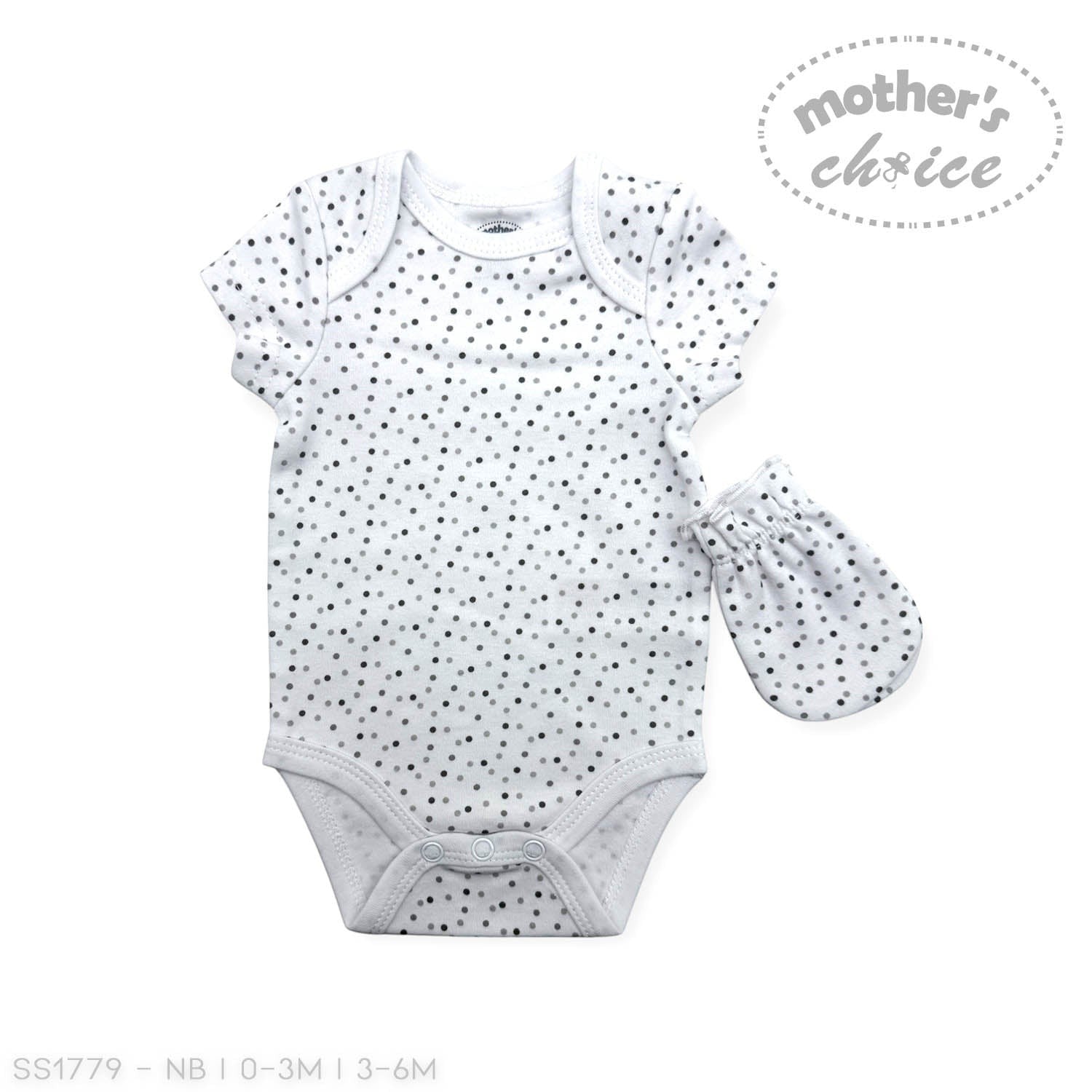 Baby bodysuit with black polka dots and matching hat on a white background, featuring 'Mother's Choice' branding.