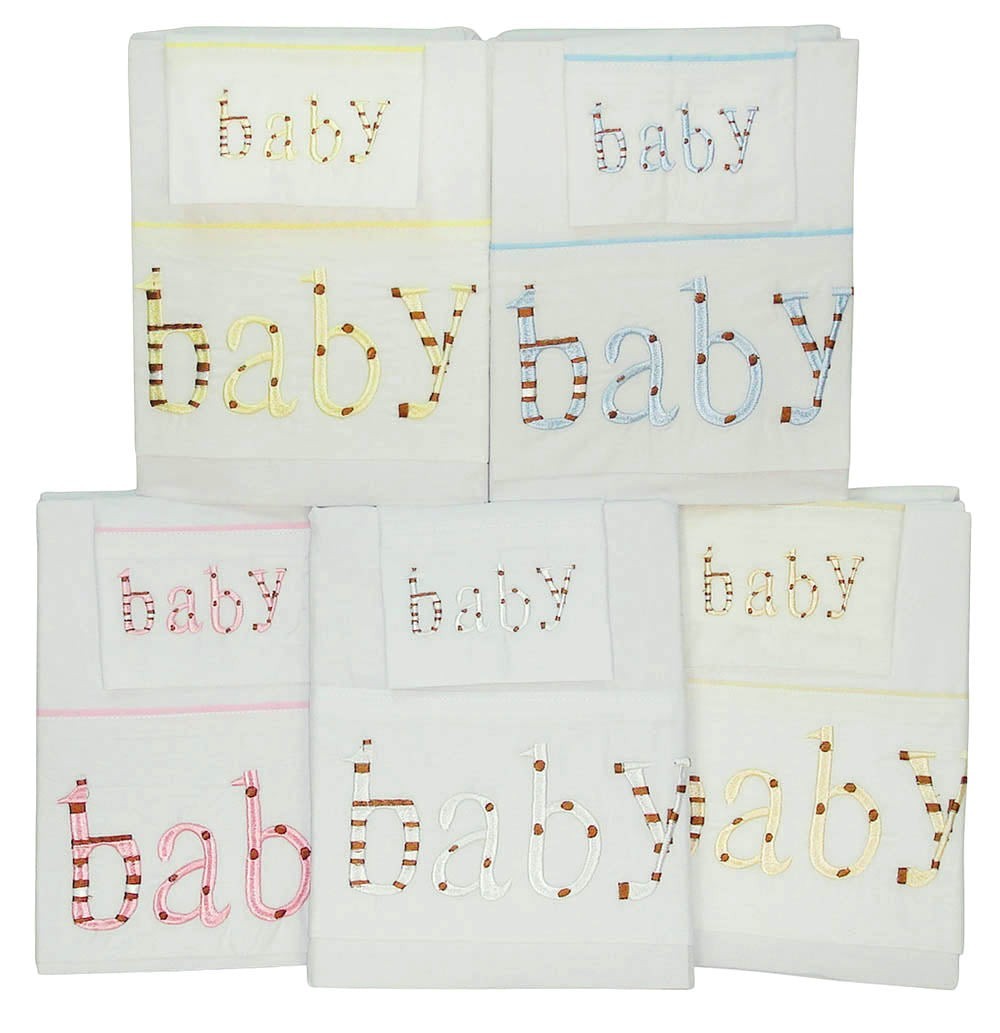 Set of white baby blankets with embroidered 'baby' text in various colors.