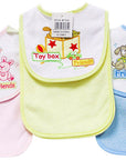 Three baby bibs with different designs on a white background