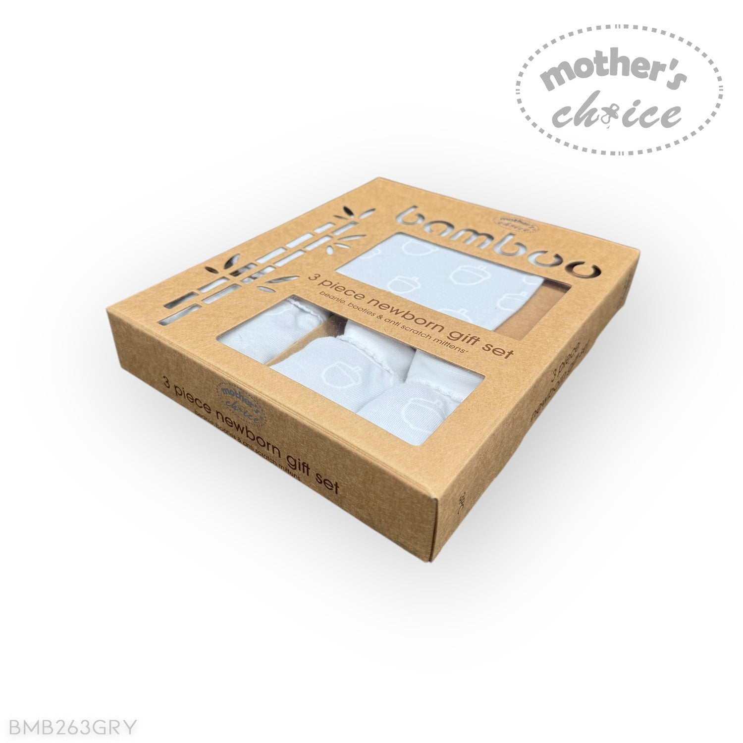 Bamboo newborn gift set packaging with 'Mother's Choice' branding on a white background
