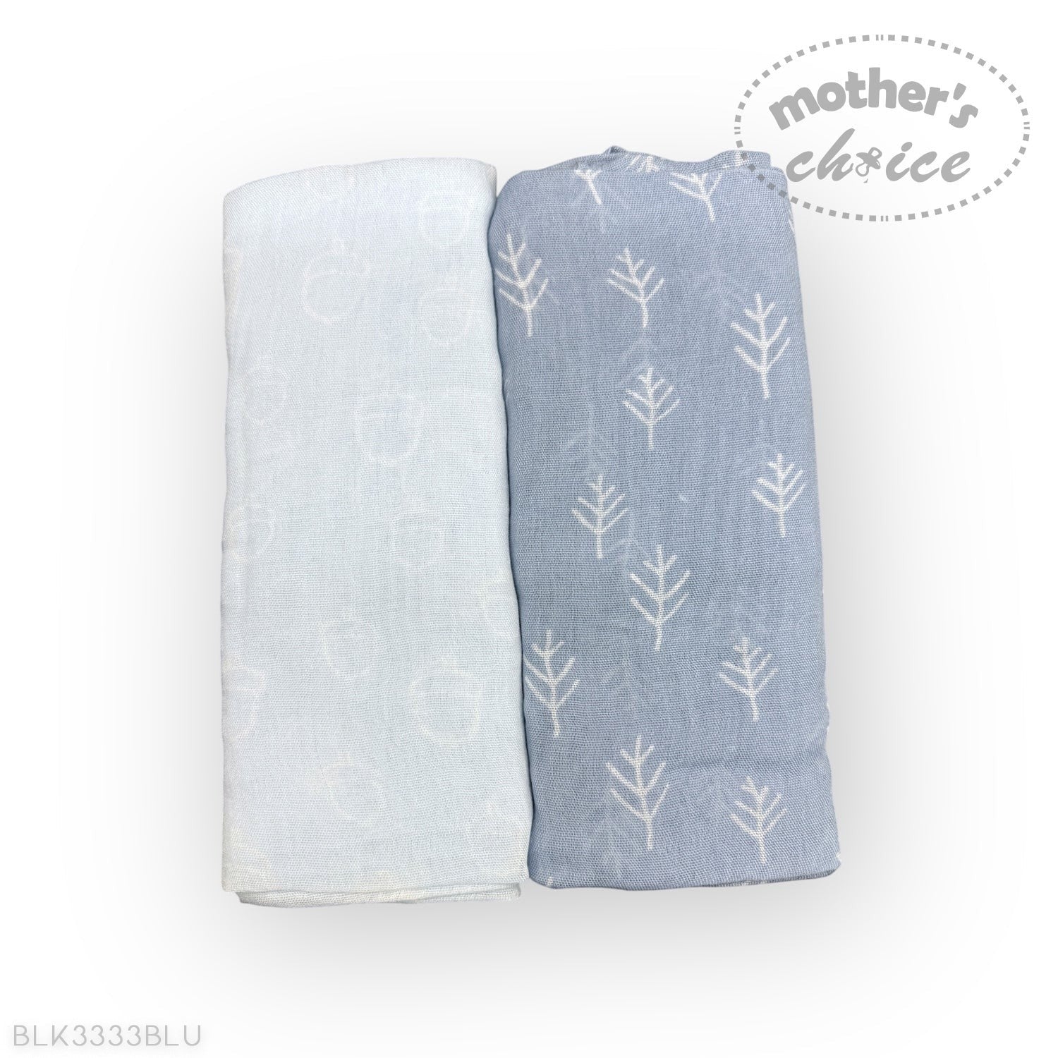 Two baby blankets, one white and one blue with tree pattern, on a white background.