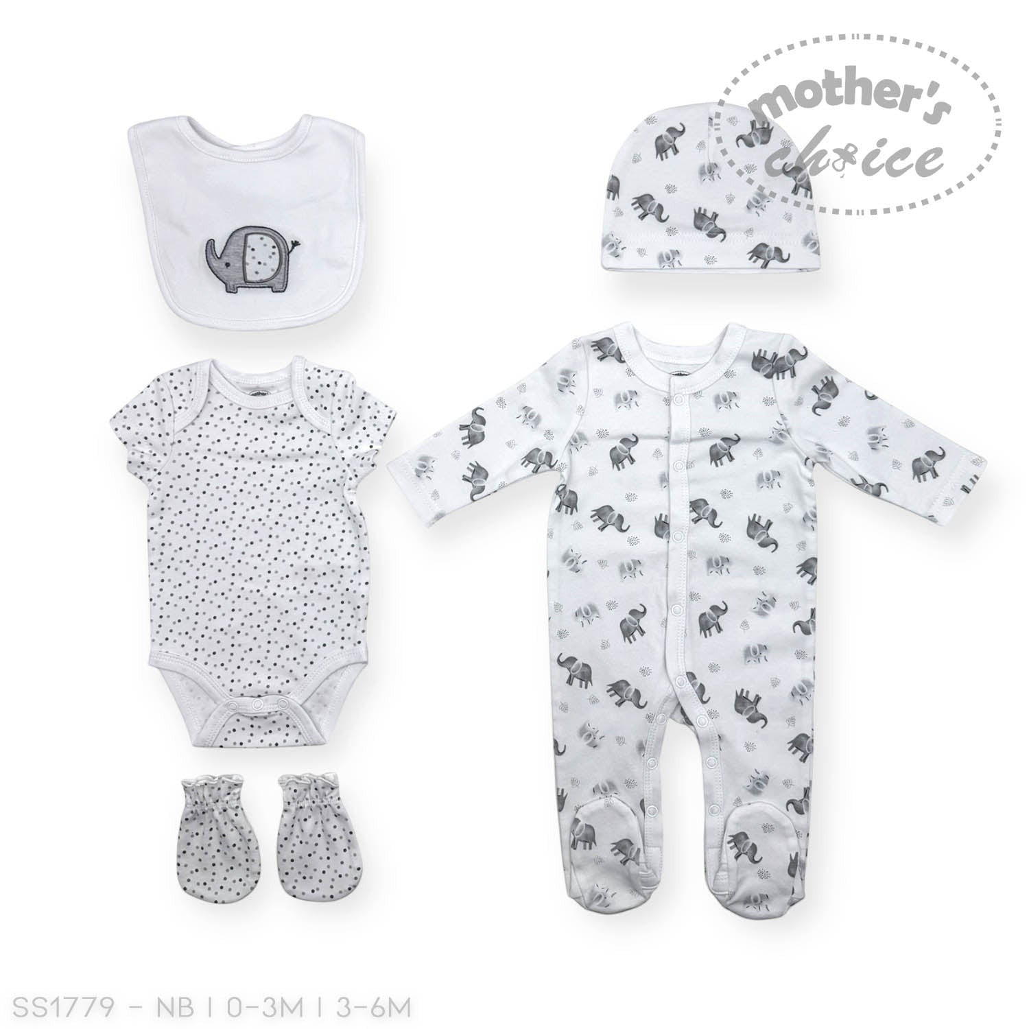 Baby clothing set with onesie, bib, hat, and booties featuring elephant patterns on a white background.