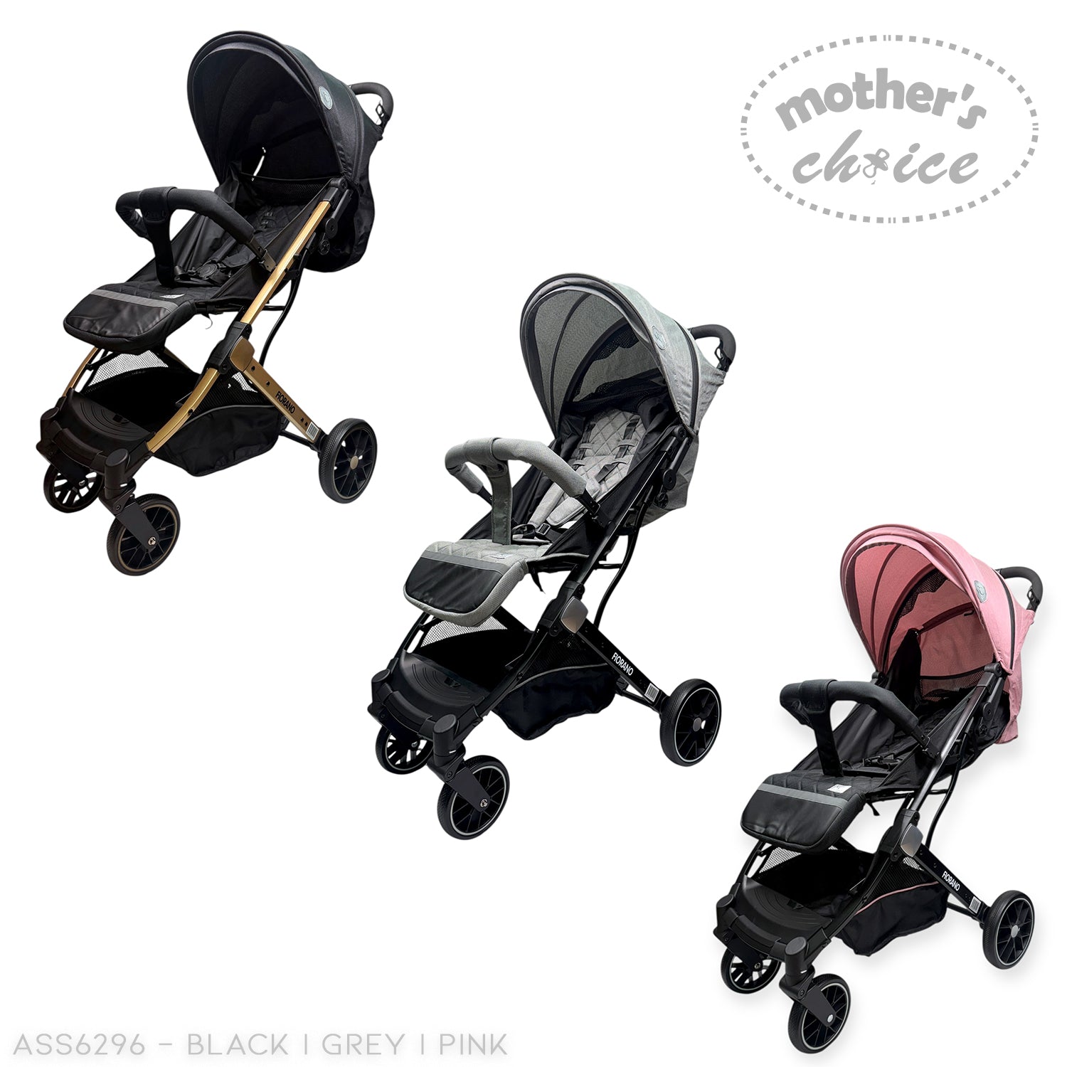 Three baby strollers in black, gray, and pink with 'Mother's Choice' branding on a white background.