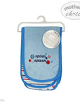 Blue baby bib with 'splish splash' text on a white background