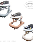 Three baby walkers in grey, pink, and stone color options on a white background with 'Mother's Choice' branding.