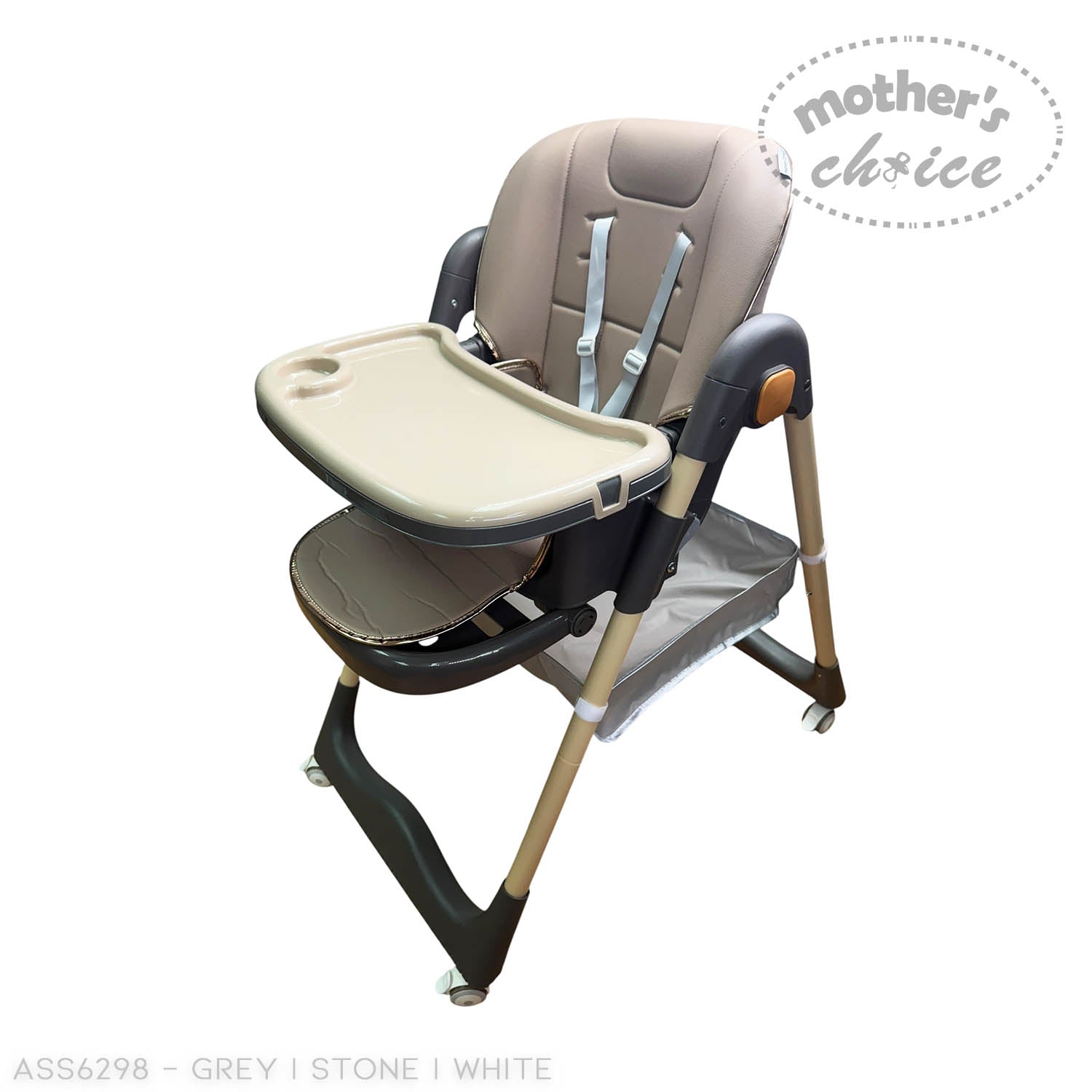 High chair with tray on a white background, featuring 'Mother's Choice' branding.