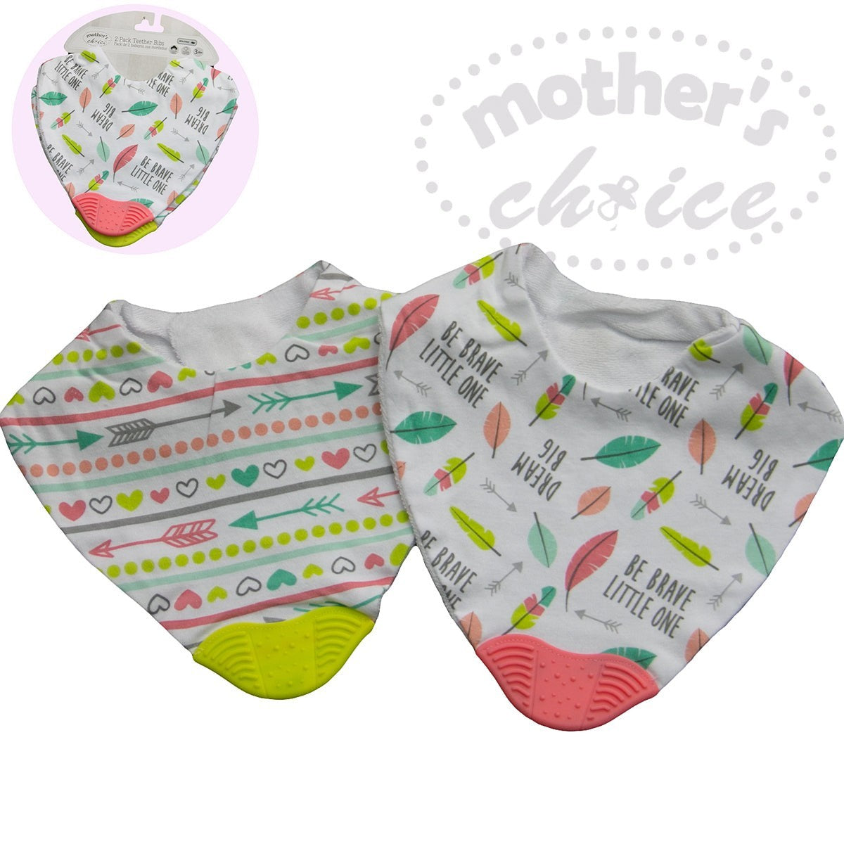 Two baby bibs with patterns and text, one with a close-up inset, on a white background.