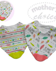 Two baby bibs with patterns and text, one with a close-up inset, on a white background.