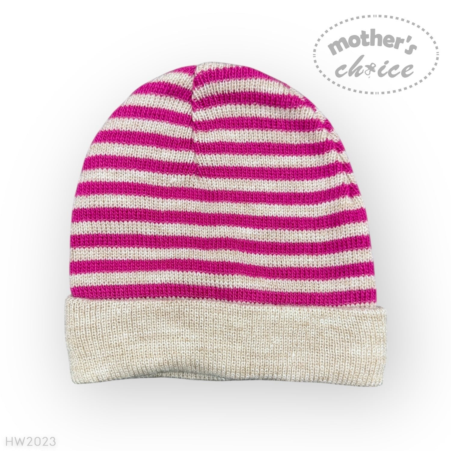 Striped knit beanie with pink and white stripes on a light gray background, featuring 'mother's choice' branding.