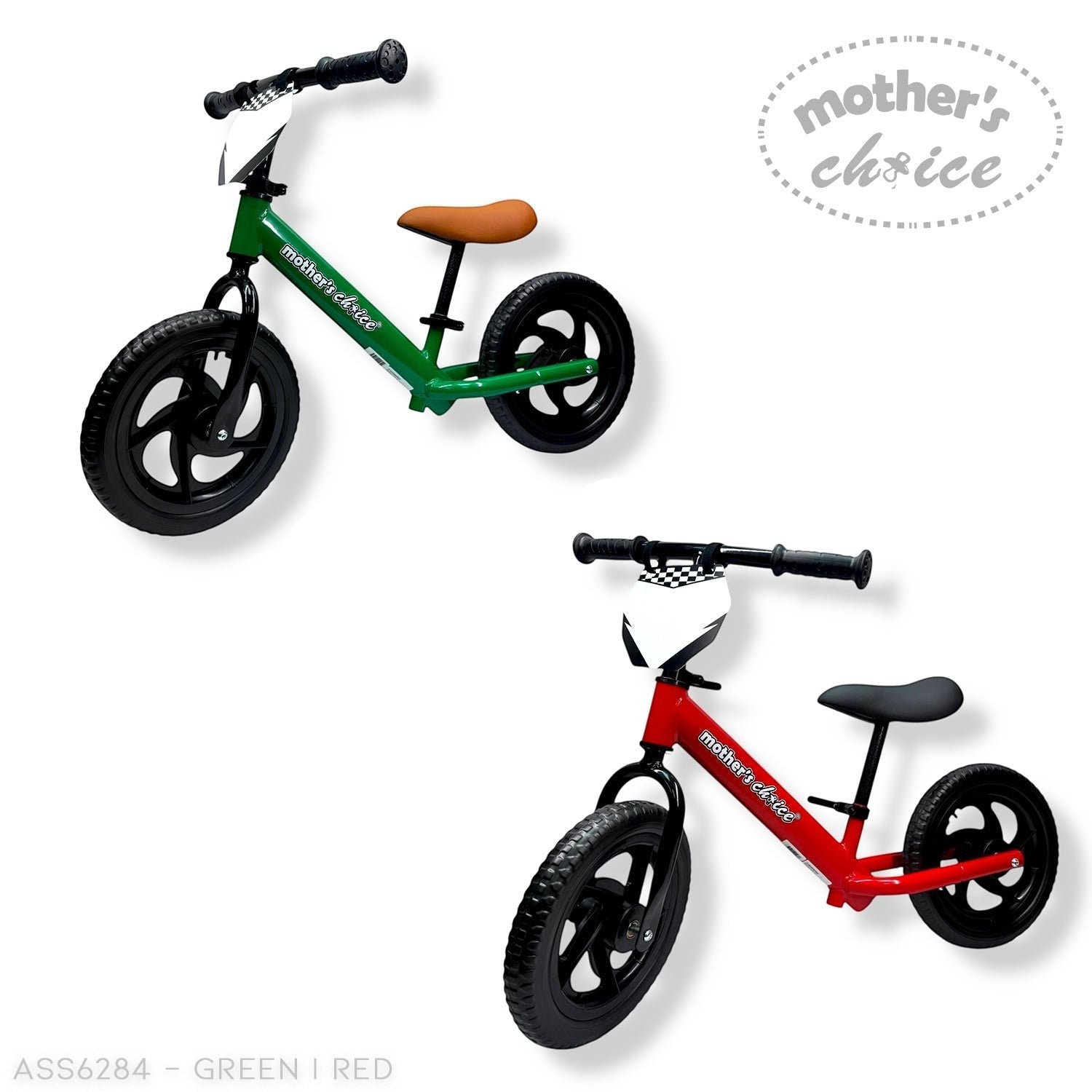 Two balance bikes, one green and one red, with 'Mother's Choice' branding on a white background.