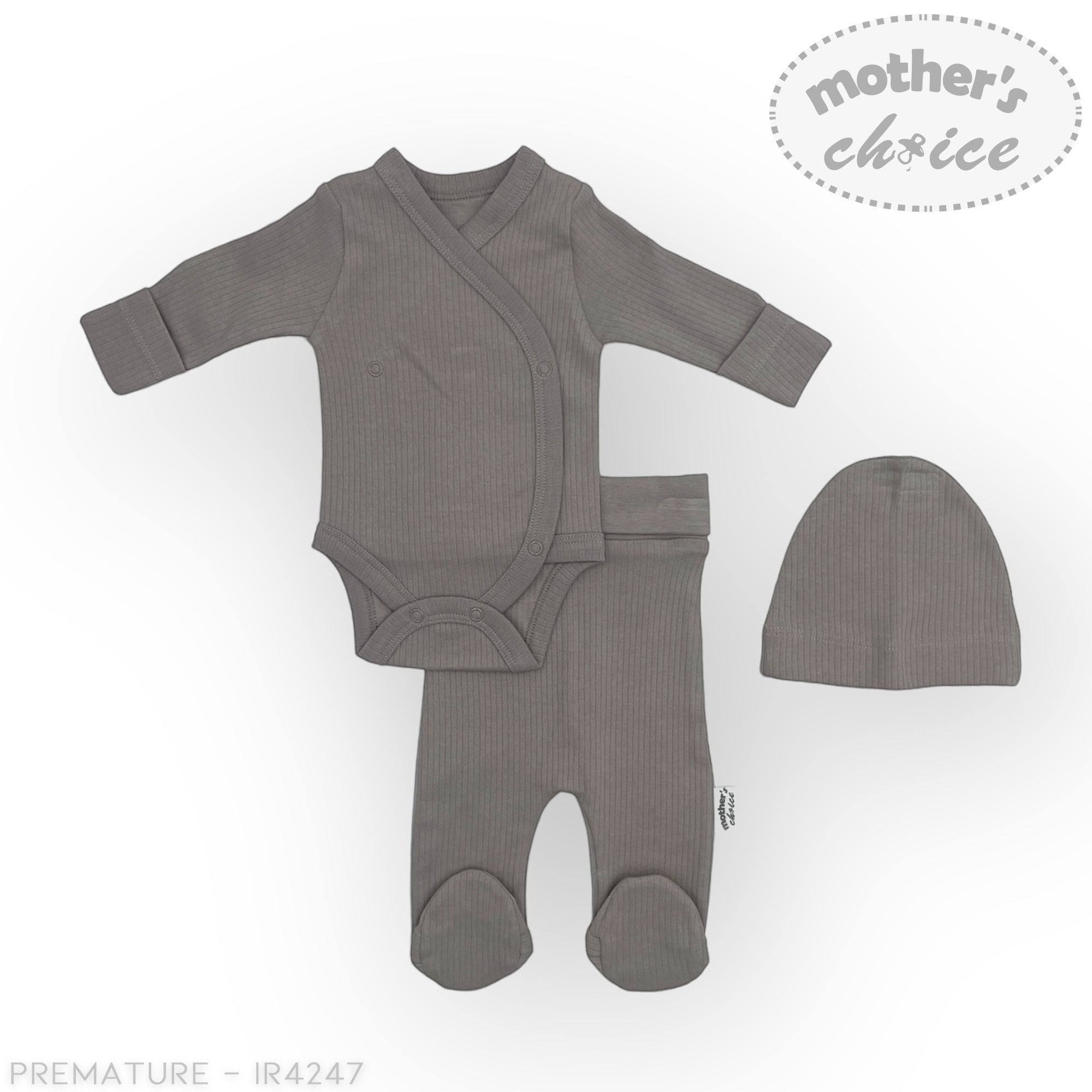 Gray baby onesie and hat set with 'Mother's Choice' branding on a white background