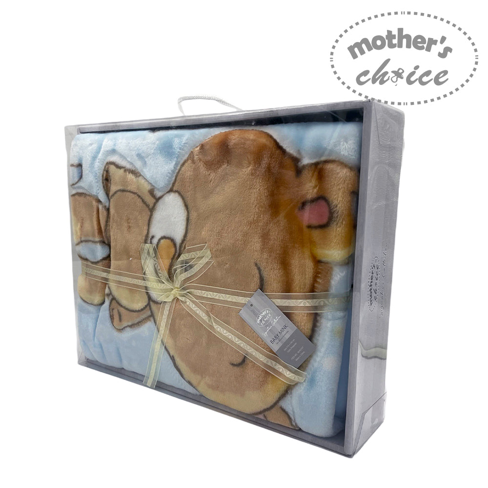 Plush teddy bear in a box with 'Mother's Choice' branding