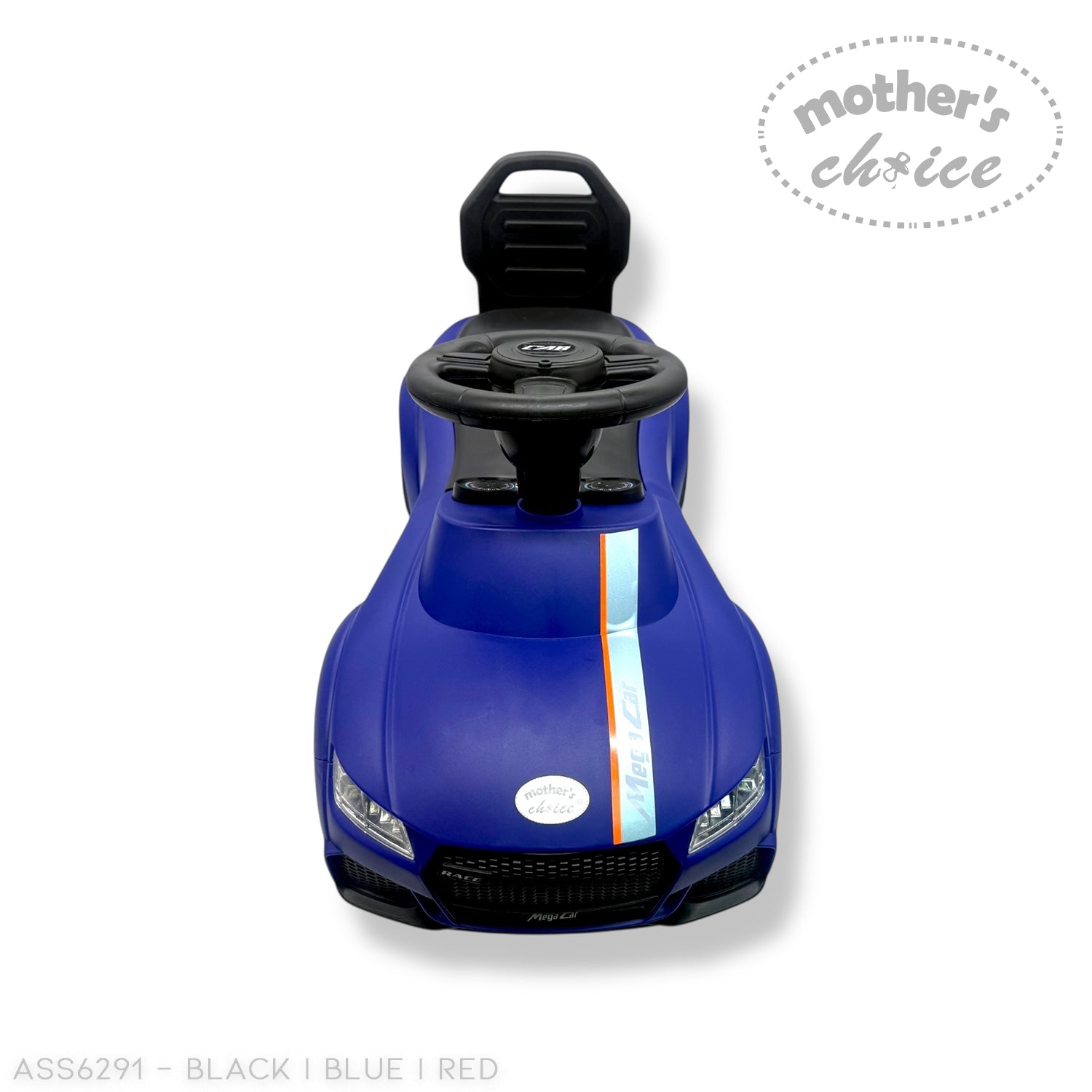 Blue toy car with black steering wheel on a white background, featuring 'Mother's Choice' branding.