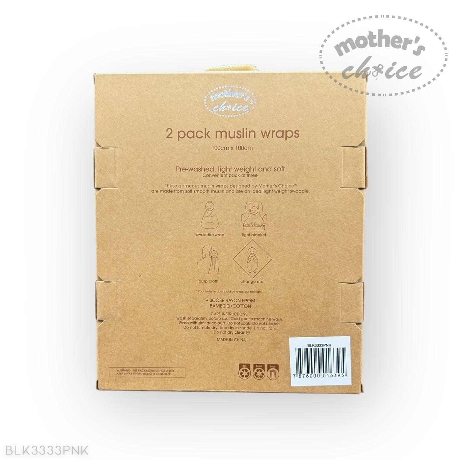Cardboard packaging of 2-pack muslin wraps with 'Mother's Choice' branding on a white background.