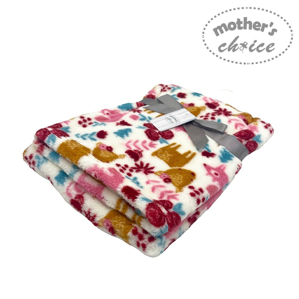 Floral patterned blanket with a gray ribbon on a white background, branded 'Mother's Choice'.