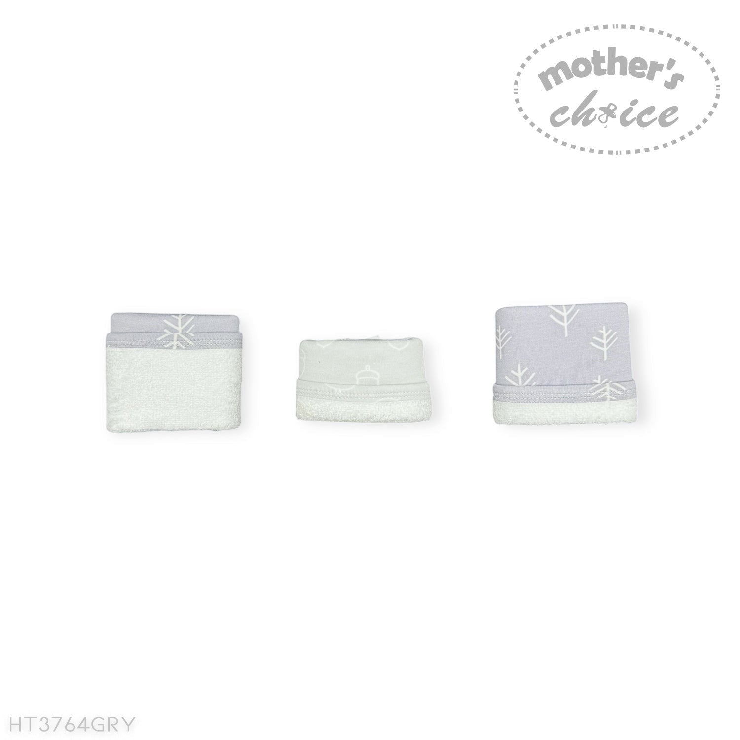 Set of three folded towels with a gray border and white center on a white background, featuring 'Mother's Choice' branding.