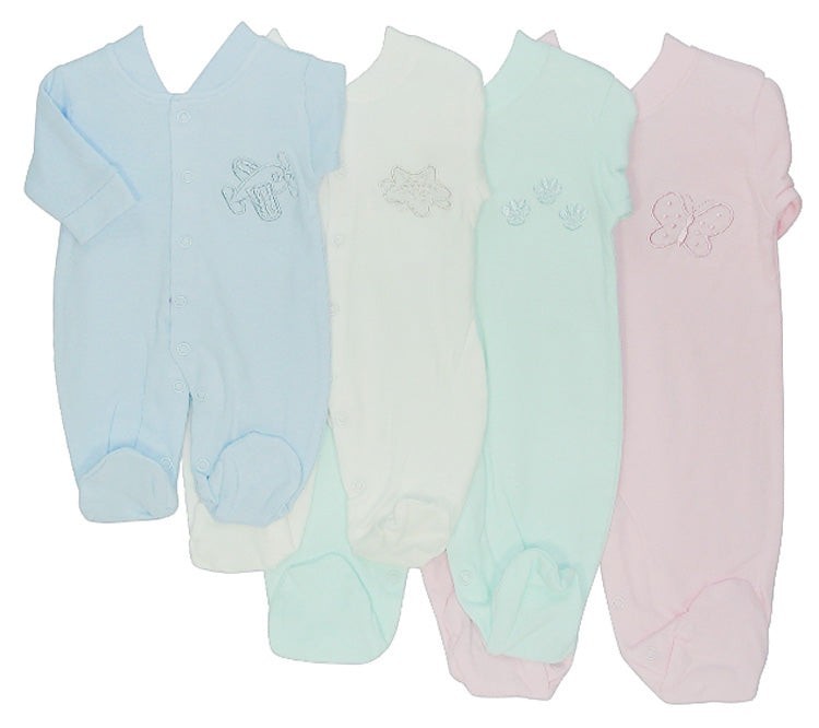 Four baby onesies in blue, white, green, and pink on a white background