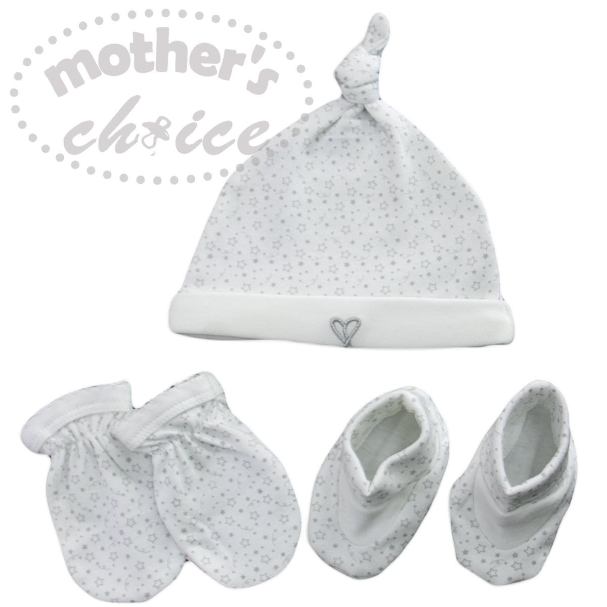 Baby hat, mittens, and booties set with 'mother's choice' branding on a white background