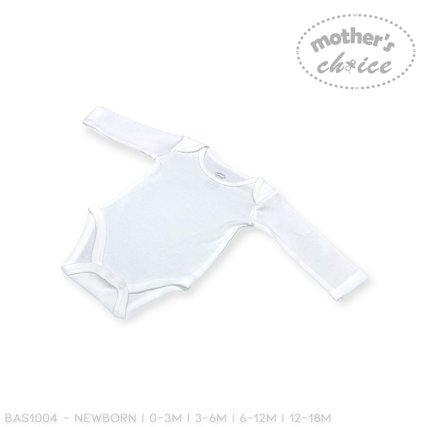 White baby onesie with long sleeves on a white background, featuring 'Mother's Choice' branding.