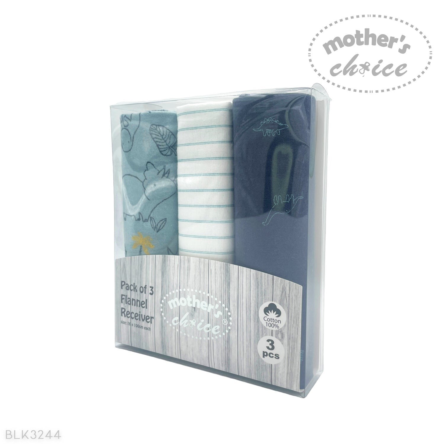 Pack of 3 flannel receiving blankets with 'Mother's Choice' branding on a white background
