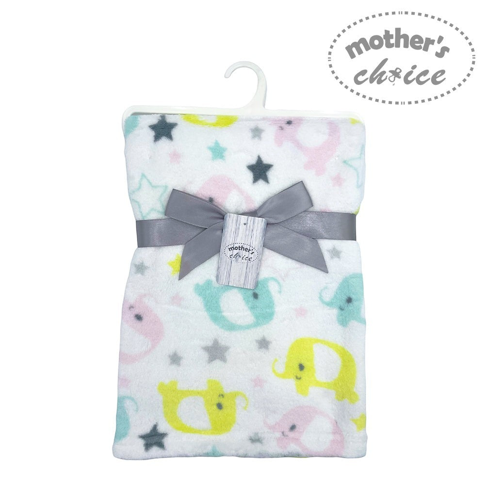 Baby blanket with animal patterns and a gray ribbon, branded 'Mother's Choice', on a white background.