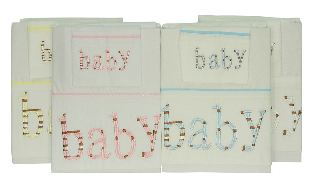 Set of baby blankets with embroidered 'baby' text in various colors on a white background