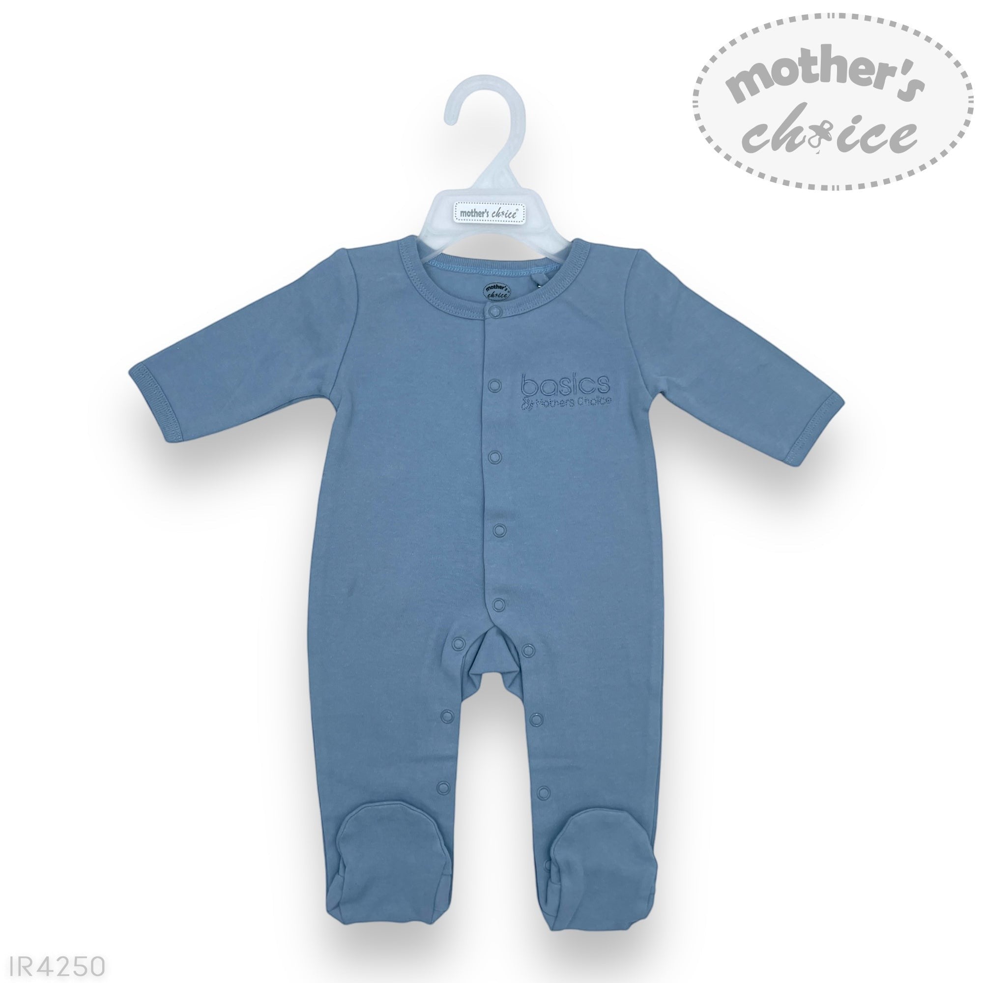 Blue baby onesie on a hanger with 'mother's choice' branding on a white background