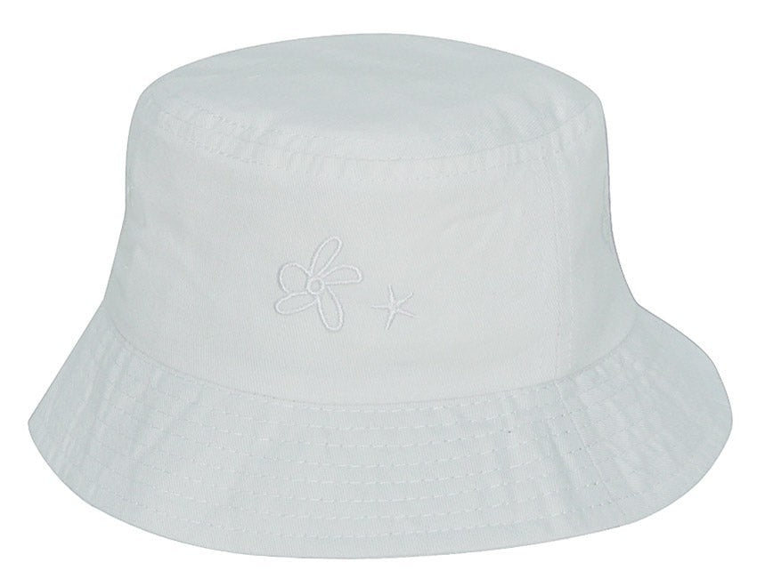 Light blue bucket hat with a subtle logo on a white background