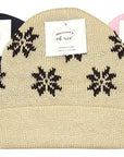 Three knit hats with snowflake patterns in black, beige, and pink on a white background.