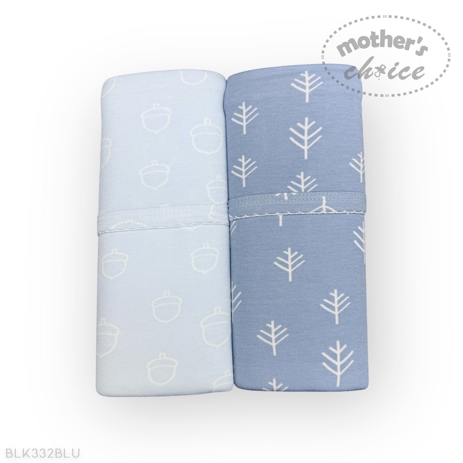 Two folded baby blankets with tree pattern on a white background, branded 'Mother's Choice'.