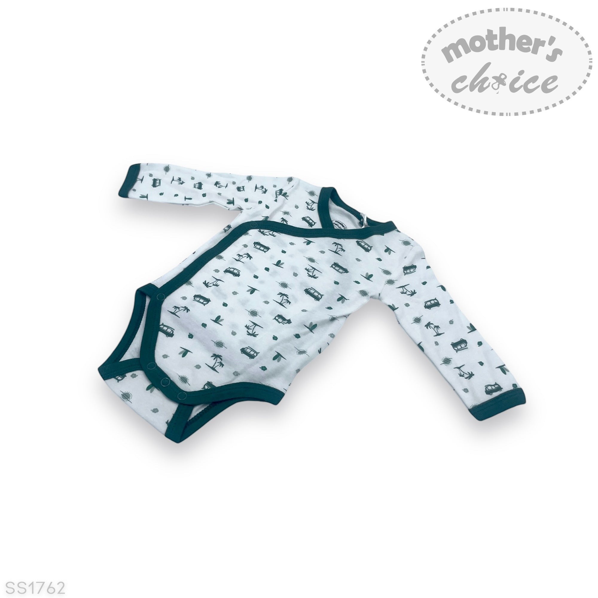 Baby onesie with long sleeves and printed design on a white background, featuring 'Mother's Choice' branding.