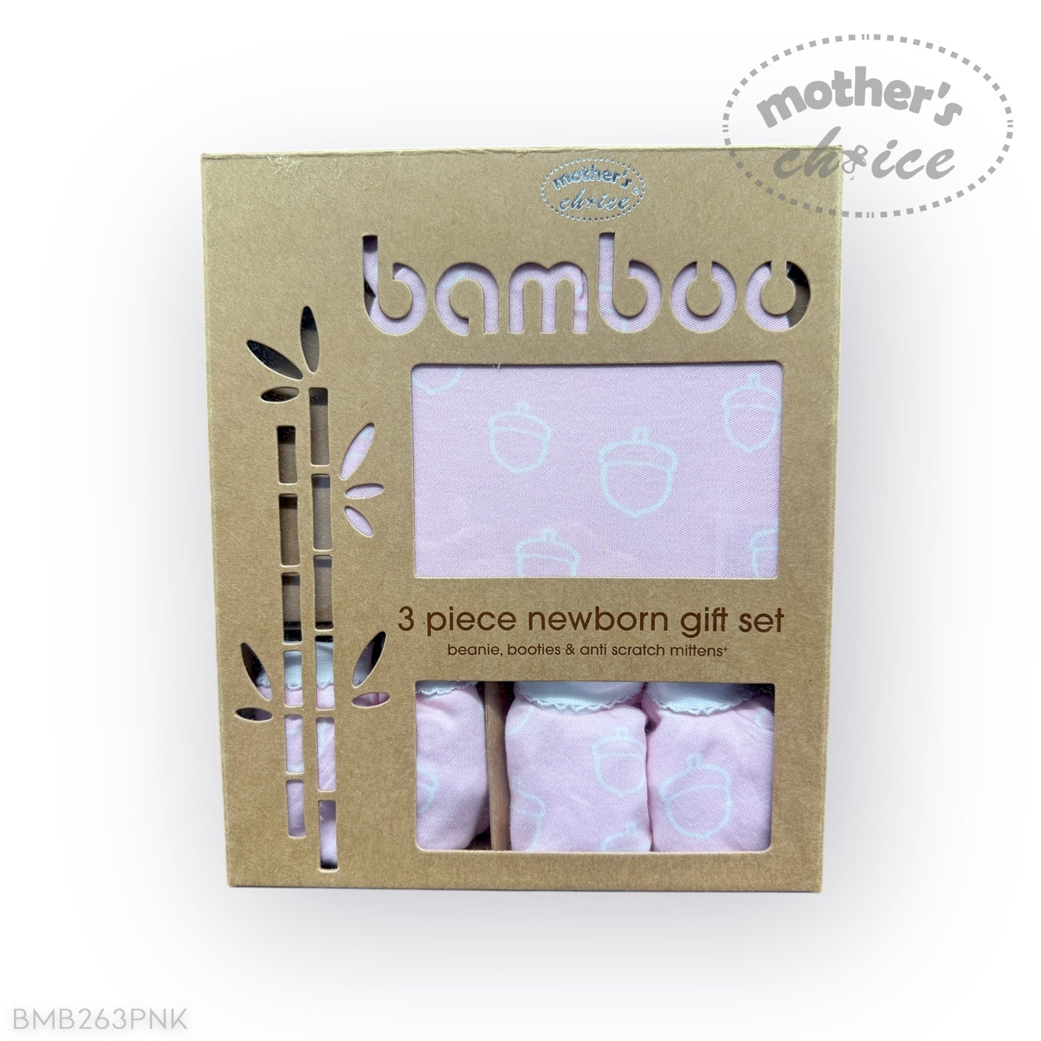 Bamboo 3-piece newborn gift set packaging with pink baby clothes on a white background