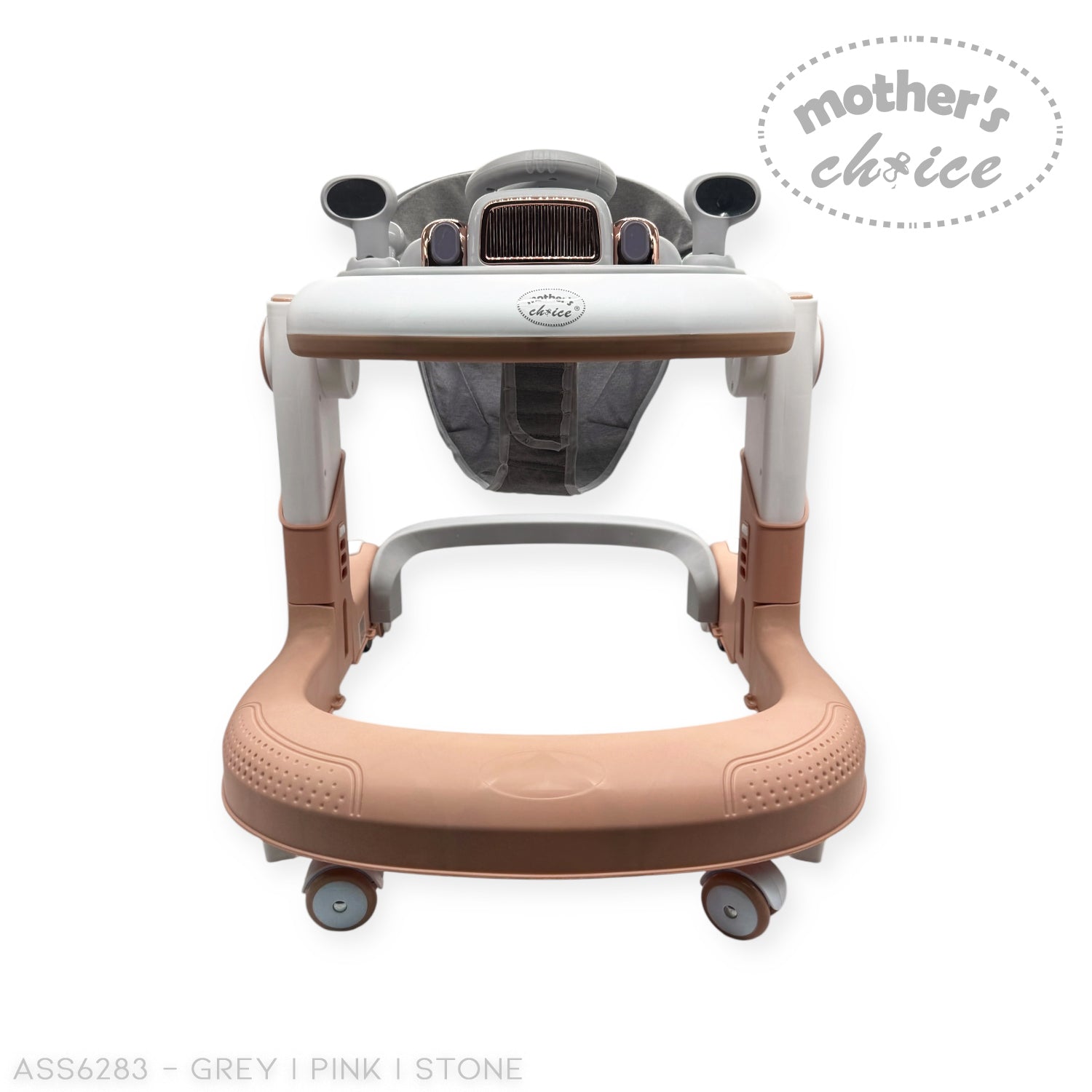 Baby walker with pink base and white top on a white background, featuring 'Mother's Choice' branding.