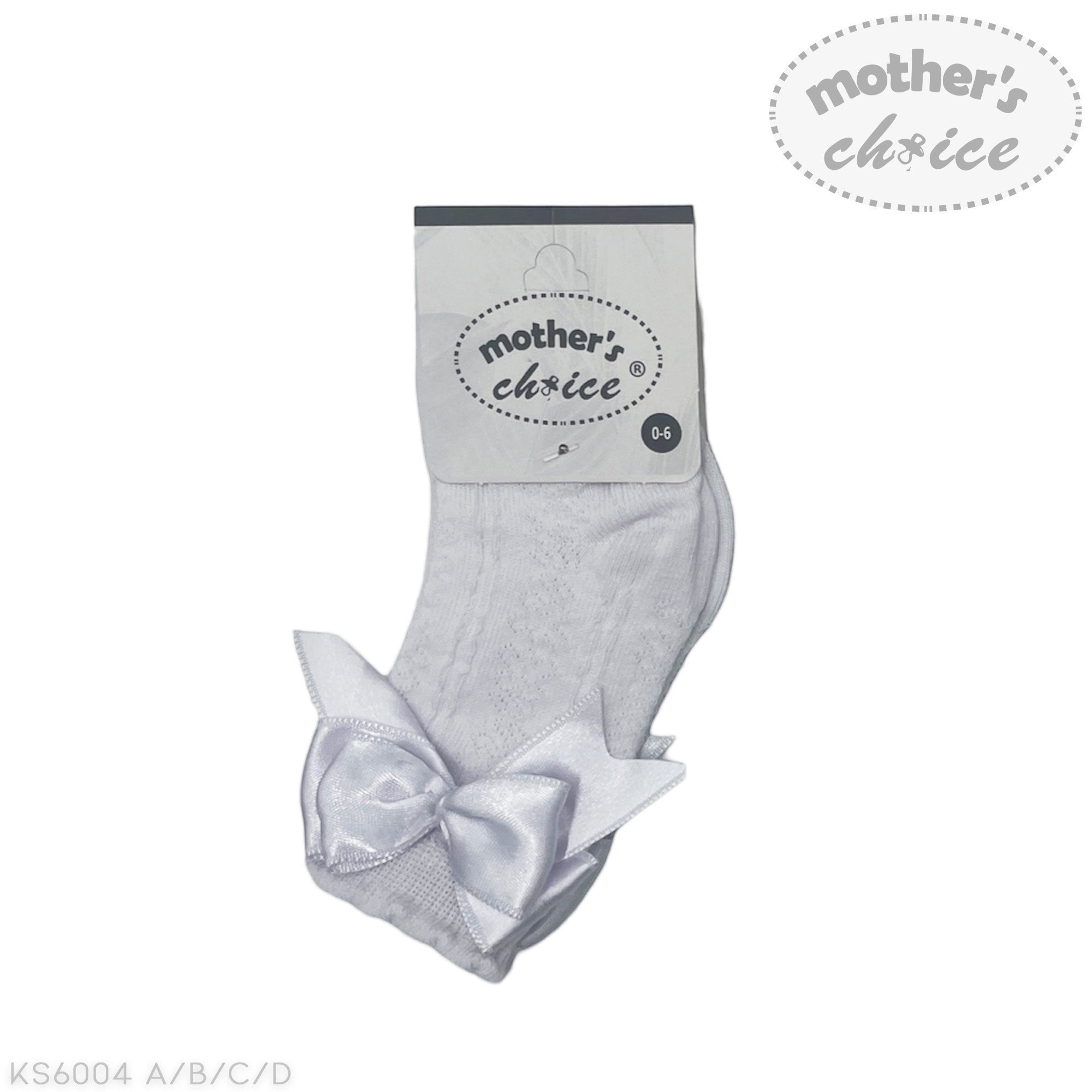 Gray baby socks with a bow and 'mother's choice' packaging on a white background
