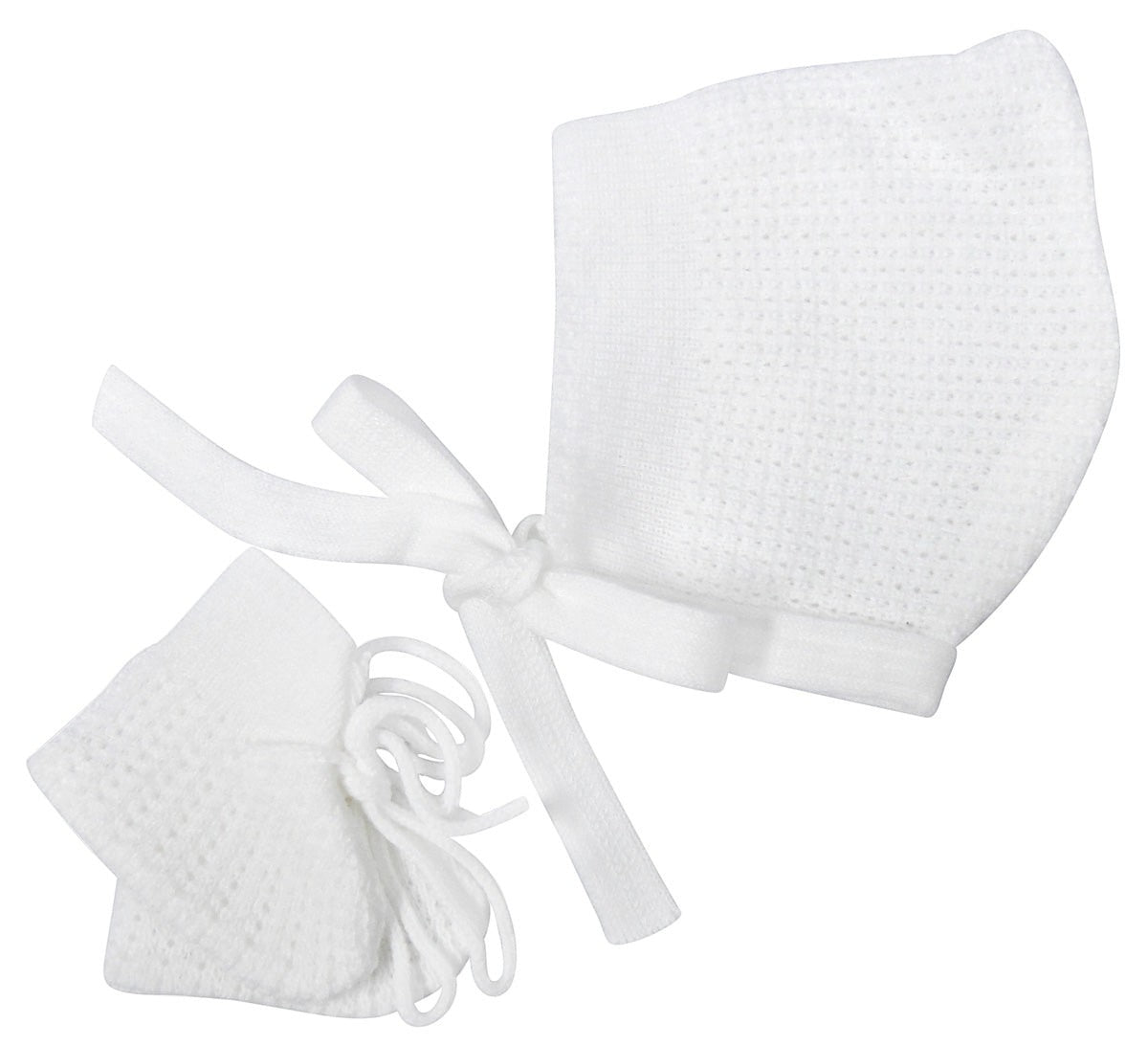 White baby bonnet and booties set on a white background