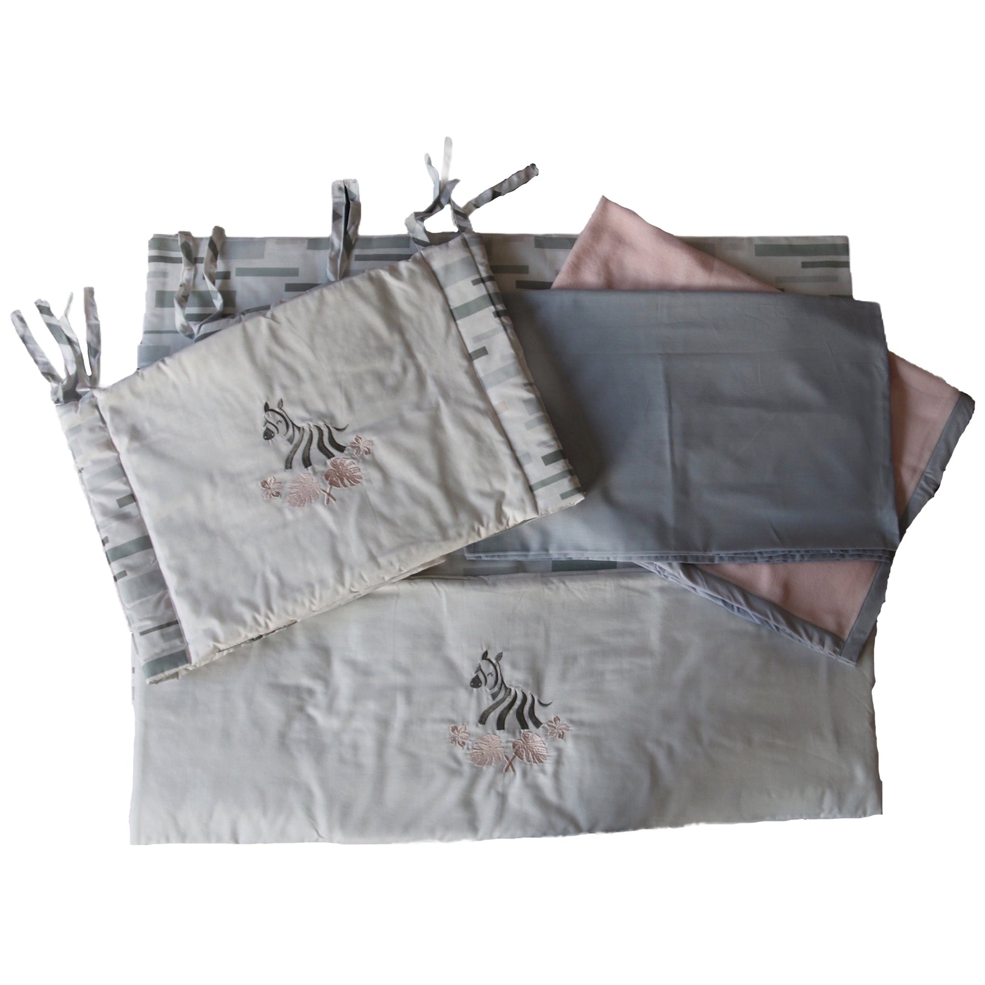 Set of gray baby blankets with zebra design on a white background