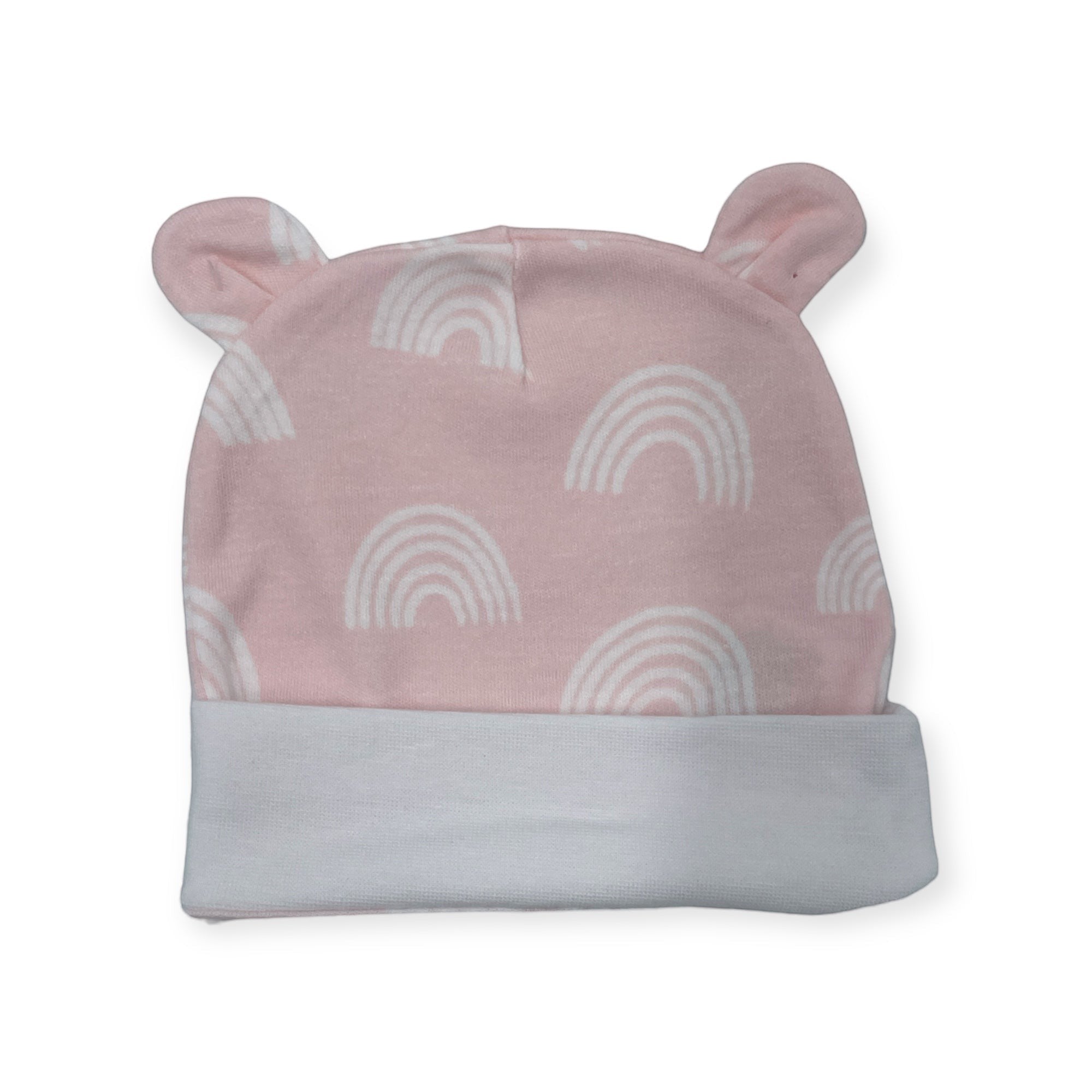 Pink baby hat with rainbow pattern and gray band on a white background