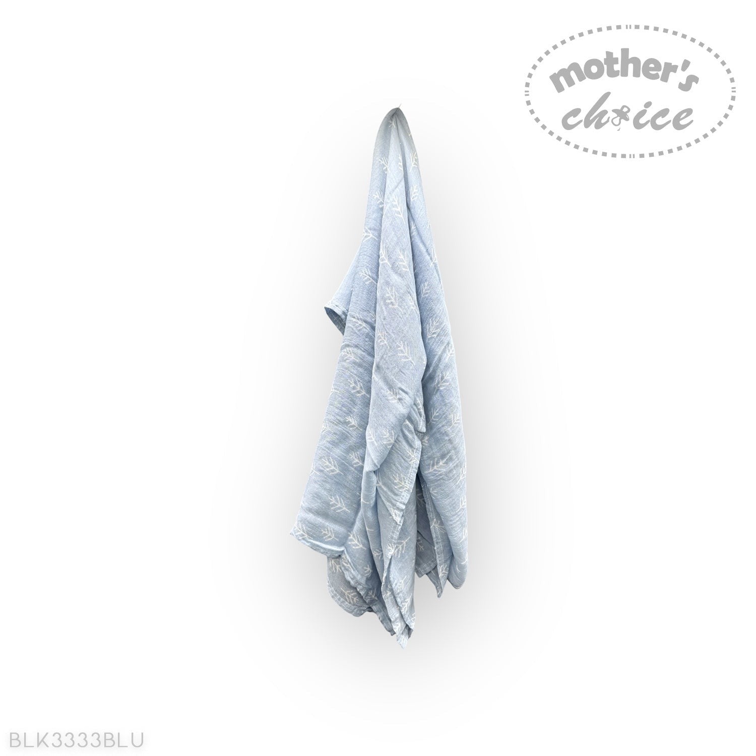 Blue towel hanging on a white wall with 'mother's choice' branding.