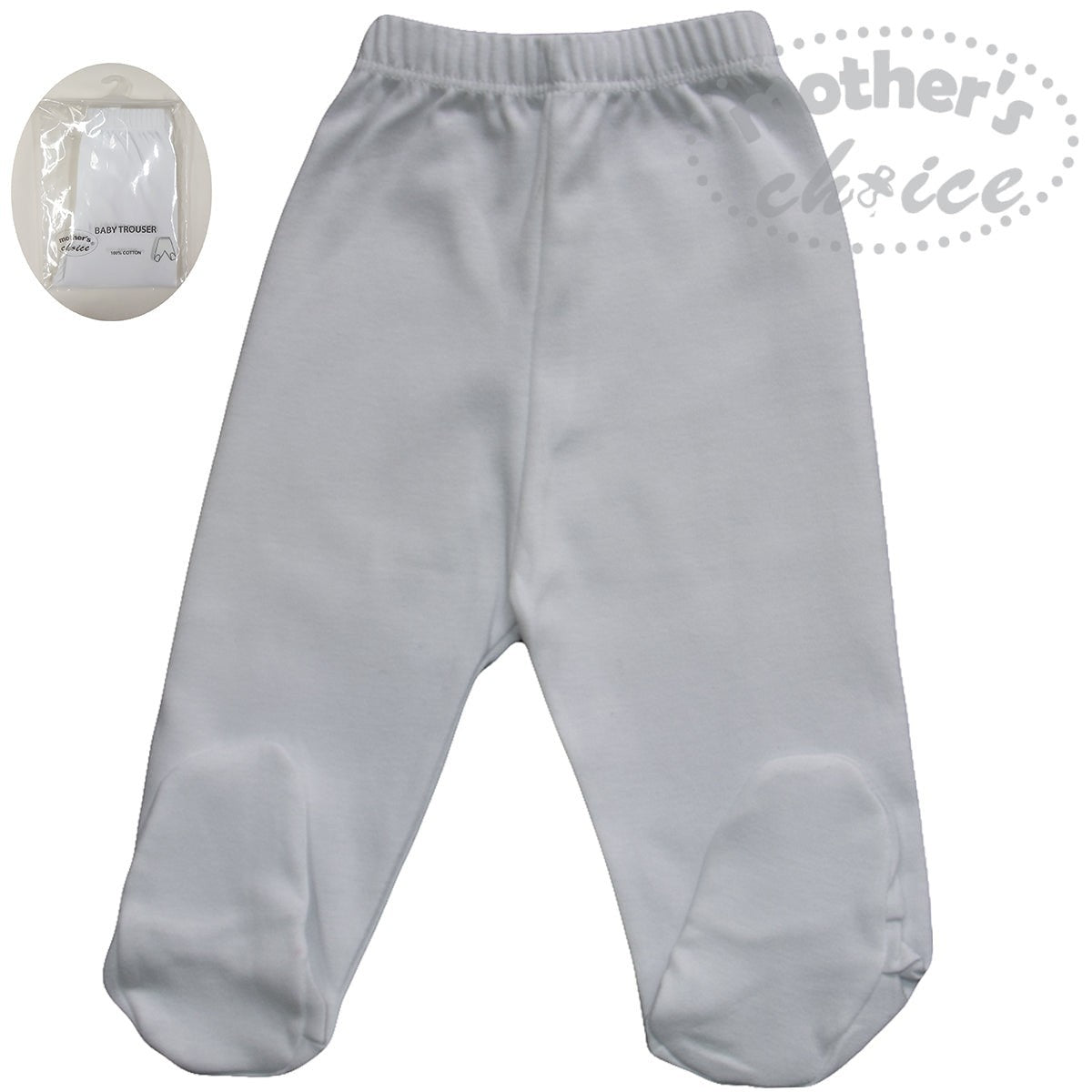 Gray baby pants with footies on a white background, featuring 'Mother's Choice' branding.