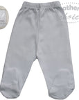 Gray baby pants with footies on a white background, featuring 'Mother's Choice' branding.