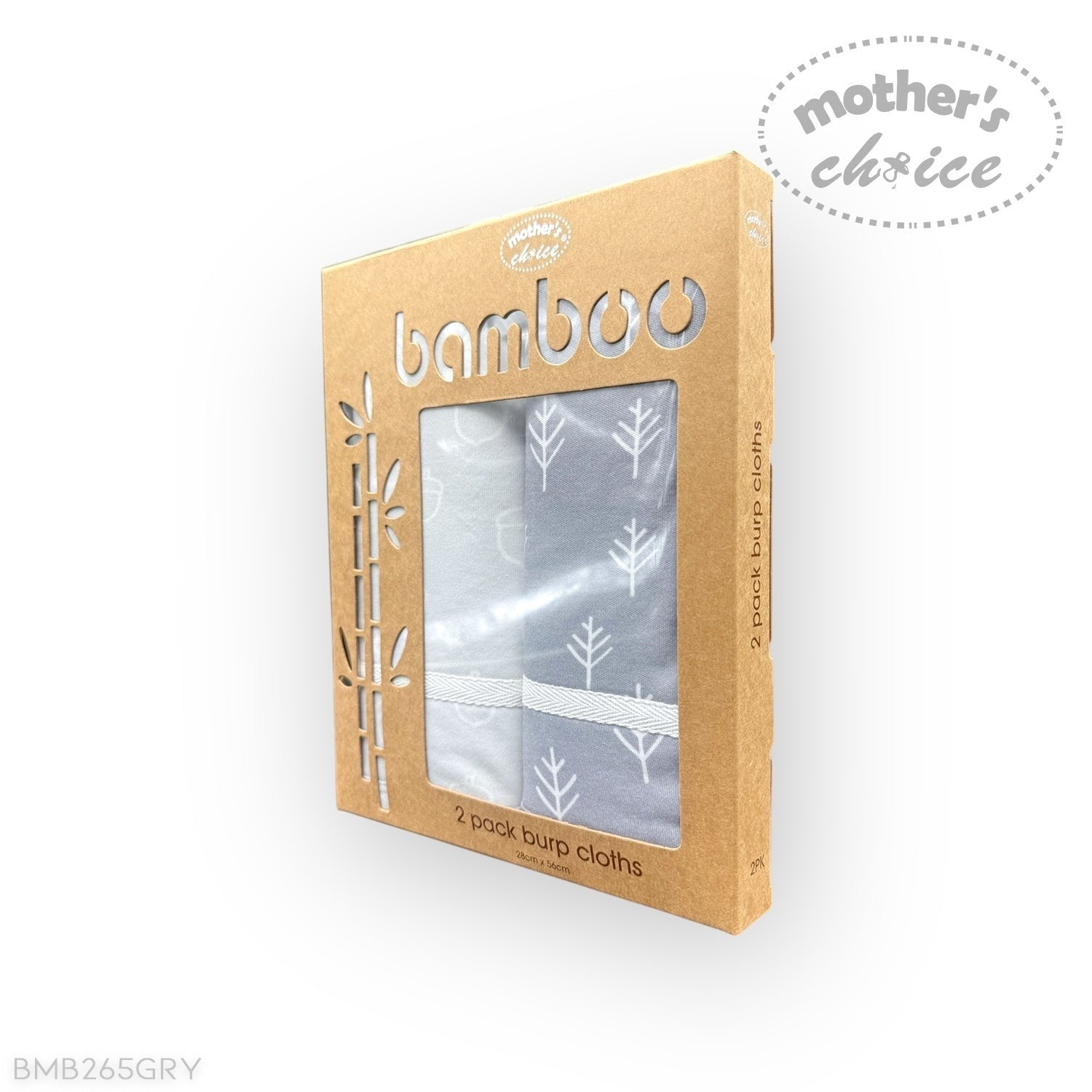 Packaging of bamboo burp cloths with 'mother's choice' branding on a white background